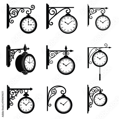 Nine black silhouette designs of antique-style hanging clocks, each with a unique, decorative wrought iron bracket featuring elegant scrolls and finials
