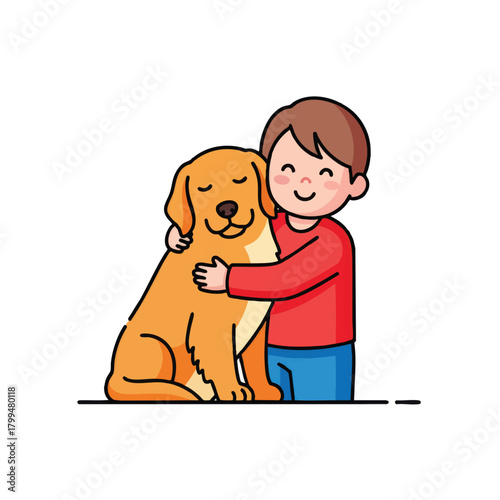 A cartoon illustration of a smiling boy hugging a golden retriever dog, with a white background.