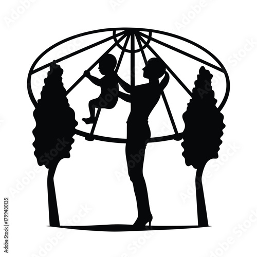 Stylized Black Silhouette of Mother and Baby Vector Illustration