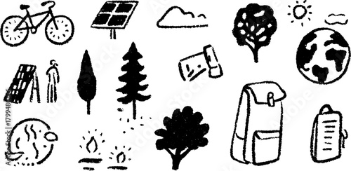 Bicycle and solar panel illustrations represent eco-friendly concepts. Elements include trees, earth, fire, and a backpack in a simple vector illustration set.
