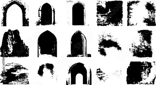 Set of gothic arches and wall textures in black and white. This vector illustration features grunge styles and historical elements.