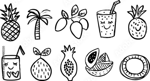 Tropical fruit illustration set featuring pineapple, coconut, and mango. Black and white doodle-style vector graphic showcasing fresh elements.