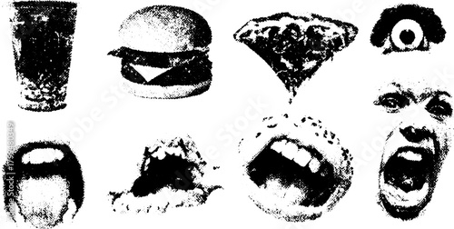 Food illustration featuring a burger, pizza, and drink. Expressions are captured in a black and white vector set.