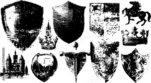 Vector illustration of various shields, crowns, and a horse. This set features graphics emphasizing medieval heraldry and decorative elements.