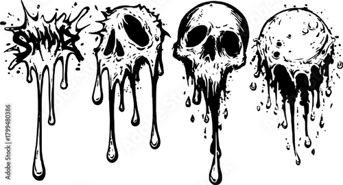 Vintage skull illustration in line drawing style with dripping ink effects. This vector design showcases a gothic theme in black and white.