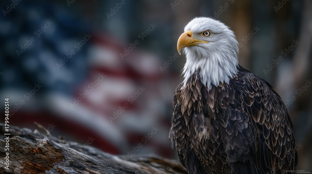 Fototapeta premium Ultra-detailed bald eagle headshot with focused eye and powerful expression, blurred patriotic stripes forming the background