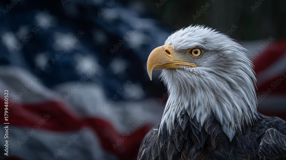 Obraz premium Regal bald eagle in close profile, fierce eye gleaming with intensity, blurred American flag flowing behind to emphasize dignity and strength