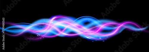 Vector illustration of blue and pink light. Futuristic technology sound wave flow with modern abstract speed movement. Wavy glow effect on black background