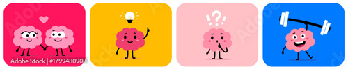 Vector set of illustration of happy brain pink character with light bulb, question, barbell and fall in love. Flat doodle style design of collection of strong and smile healthy brain