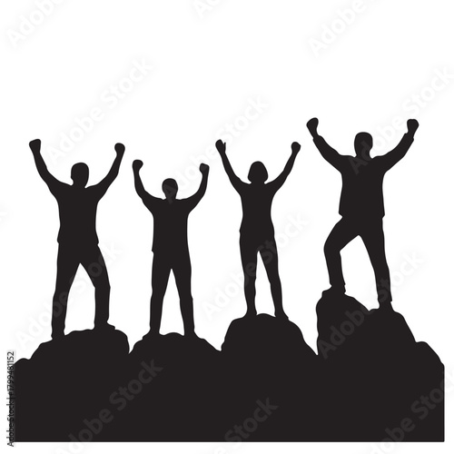 Four triumphant people celebrating their success with raised arms silhouette isolated on white background