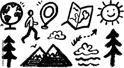 World map and nature elements: mountains, trees, sun, clouds, and water in a hand-drawn set. Black and white vector illustration.