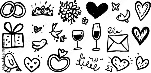 Silhouette doodle of wedding symbols and love icons: rings, hearts, birds, and gifts. Black line vector illustration set for various occasions.