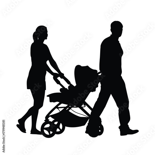 Black Silhouette of Parents and Baby Stroller Vector Illustration