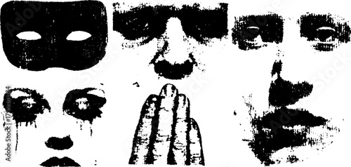 Silhouettes of masks and faces with dramatic expressions. Vintage black outline illustration presenting an emotional and intricate set.