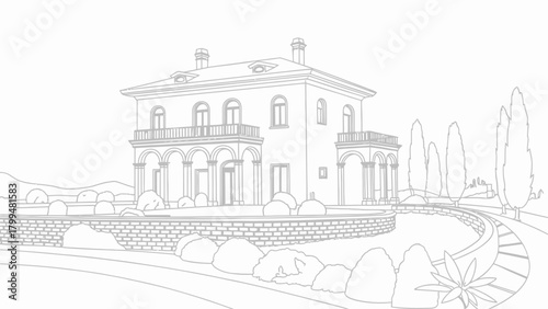 Elegant Italian Villa Drawing with Stone Terrace and Landscaped Garden Design Vector Illustration