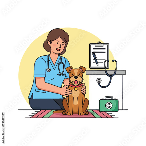 A female veterinarian is examining a brown dog in a clinic setting.