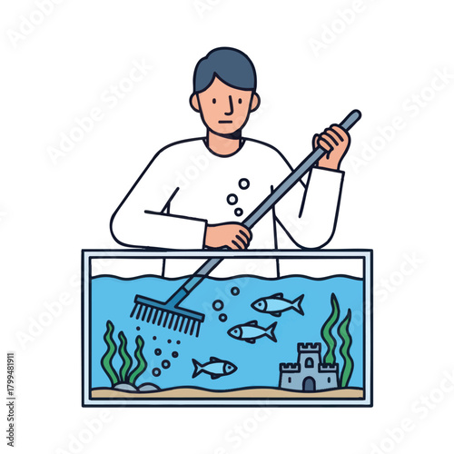 Man cleaning aquarium with rake and fish