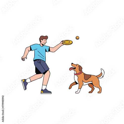 A man throws a frisbee for his dog to catch in an outdoor setting, depicted in a simple, modern illustration style.