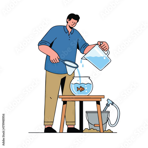 A person is cleaning a fishbowl, pouring water, and using a net.