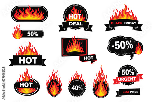 Hot sale and discount badges with flame designs. collection of promotion labels, black friday, urgent deals, and best price offers.