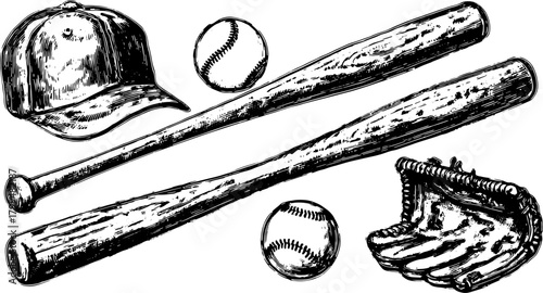 Baseball equipment set. Hand-drawn vector illustration featuring a bat, glove, cap, and balls in vintage style.