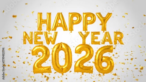 Happy new year 2026 golden balloons and confetti isolated on white background