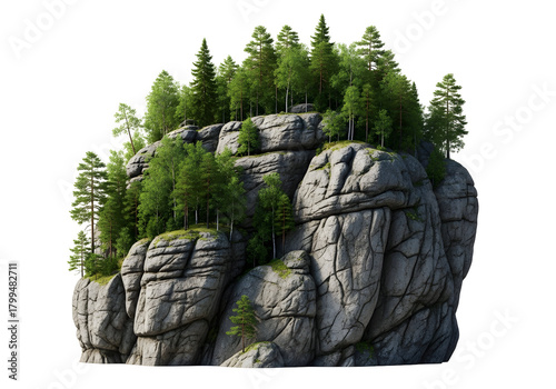 Craggy Mountain Cliff With Lush Green Pine Trees Growing On Top In Daylight With A Transparent Background