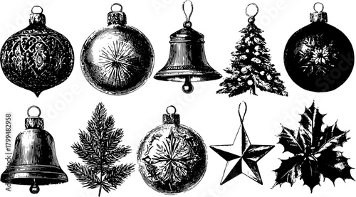 Collection of vintage holiday ornaments including bells, a star, and a Christmas tree. Detailed vector illustration in black and white style.