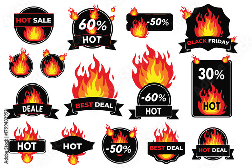 Vibrant collection of hot sale badges, best deal labels, and discount stickers with fiery flames for promotions and advertising campaigns and e-commerce
