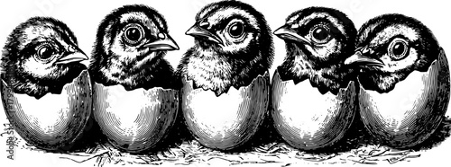 Vintage illustration of hatching birds from eggs. Detailed black line art in a retro style, perfect for a vector set.