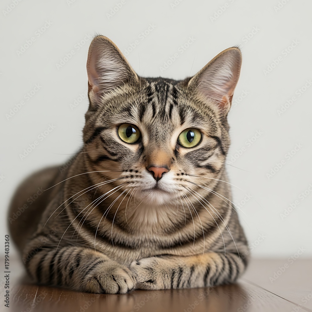 Obraz premium Striped feline rests with paws crossed and green eyes open.