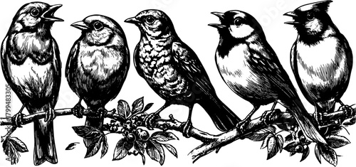 Hand-drawn birds in an antique engraving style. Detailed black vector illustration of wildlife on a branch set against a white background.