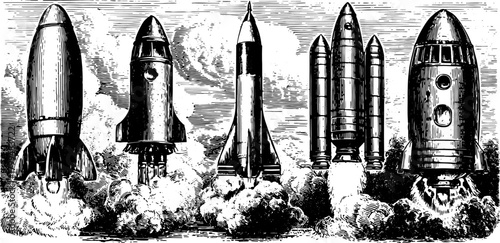 Engraving of vintage rockets in a dynamic launch set. Black and white vector illustration showcasing technology and exploration in a retro style.