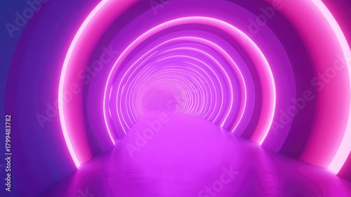 Fototapeta Naklejka Na Ścianę i Meble -  Futuristic neon light tunnel reflecting purple pink glow