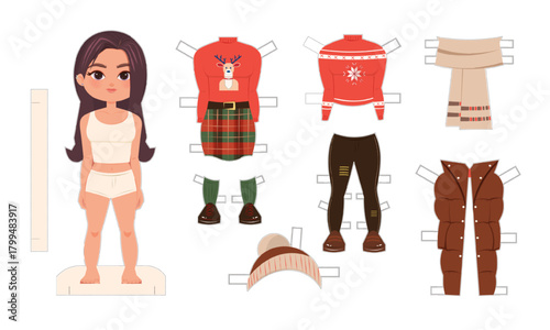 Cute paper doll set featuring a brunette girl with a collection of winter outfits, jacket, scarf, hat, skirt, sweaters, jeans. Christmas holiday DIY paper toy.