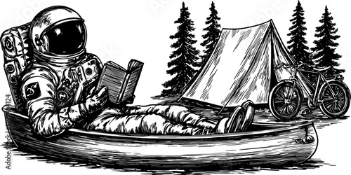 Astronaut relaxing in a boat, reading a book in nature. Vintage vector illustration featuring a tent and bike among trees, captured in an outlined style.