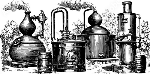 Steam distillation machinery engraving in antique style. Hand-drawn vector illustration showcases vintage equipment in detailed craftsmanship.