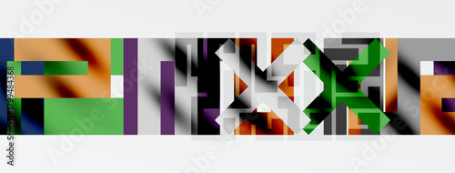 Abstract geometric shapes, vibrant colors, layered composition. Minimalist design, modern aesthetic, bold contrasts present.