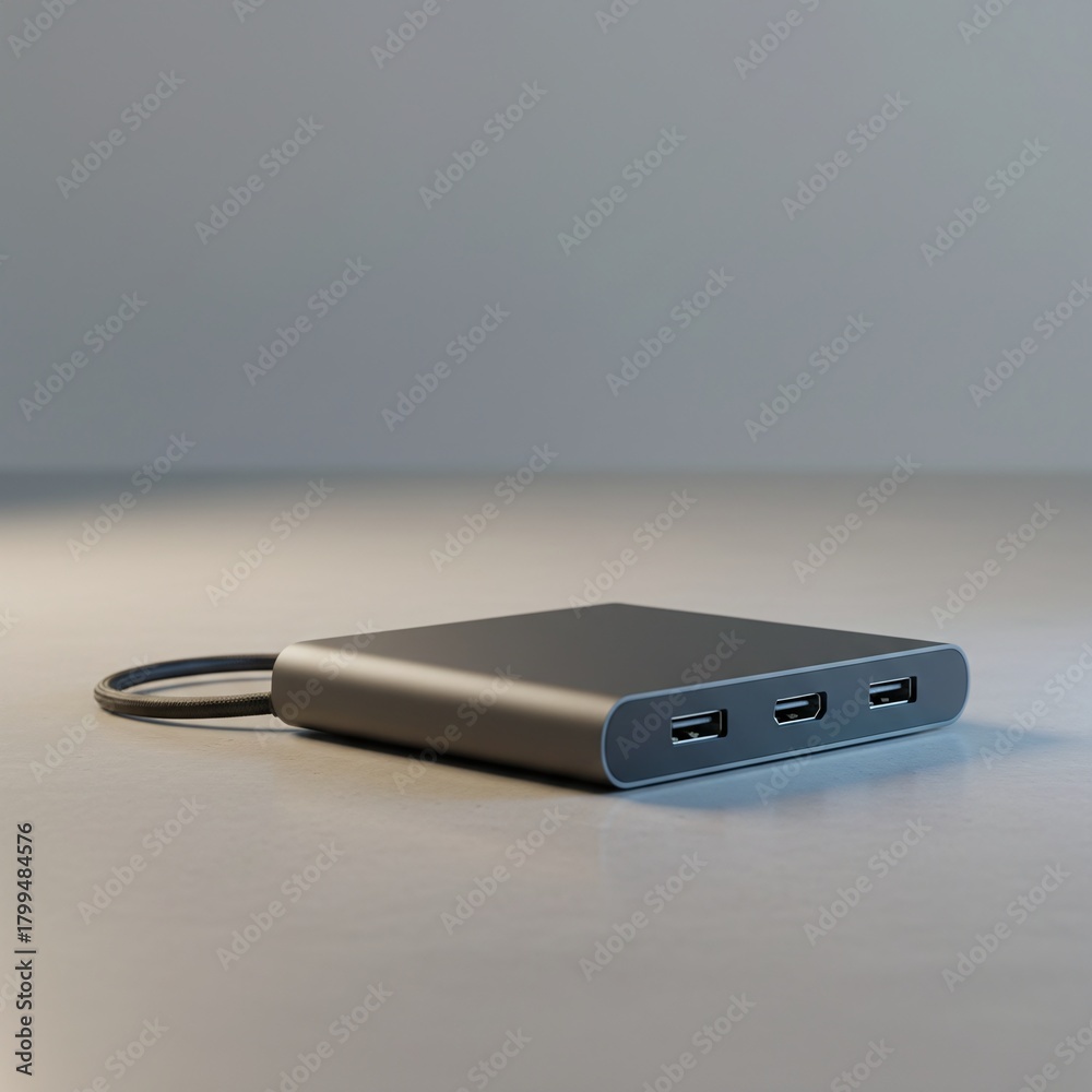 Fototapeta premium USB-C Multi-Port Hub with HDMI and USB-A Ports for Enhanced Connectivity on Grey Background