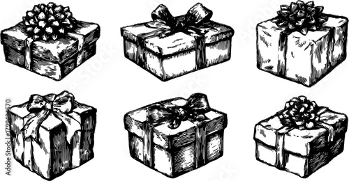 Vintage gift box set with intricate engravings and bows. Hand-drawn illustrations feature textures, presented as a decorative vector illustration.