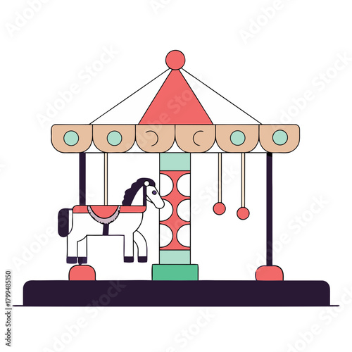 Vector illustration of carousel ride with decorative canopy and single horse