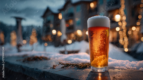 雪が舞うスキー場を背景に、泡立つビールグラスをとらえた風景全景