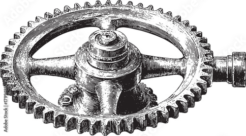 Gear mechanism with circular teeth drawn in vintage style. Black and white mechanical vector illustration with detailed engraving.