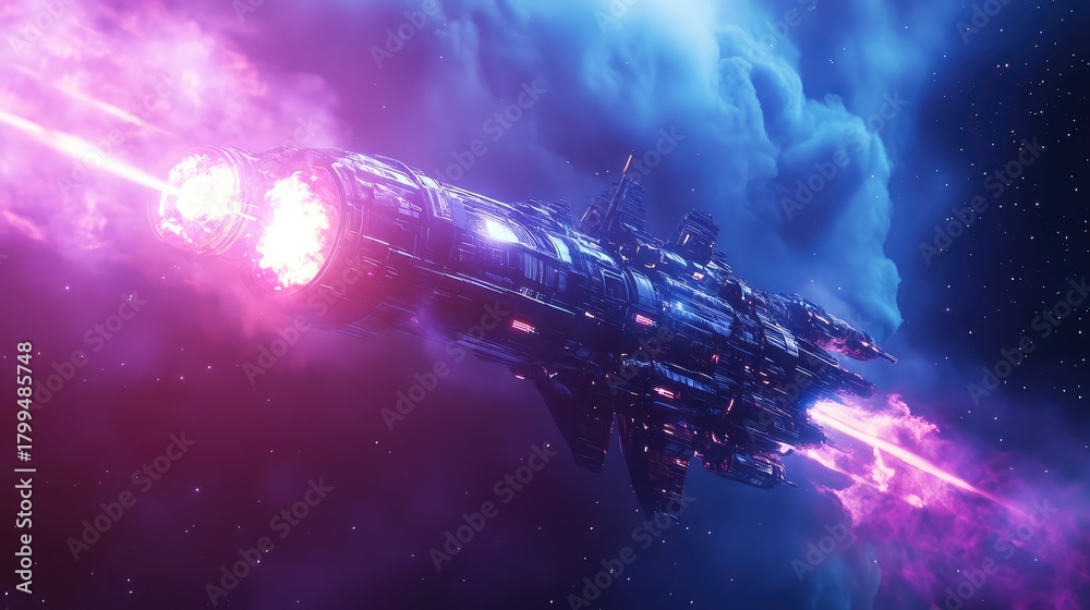 Fototapeta premium Futuristic spaceship traveling through a colorful nebula in deep space