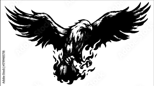 Eagle with flaming wings in a vintage line drawing style. Bold graphic vector illustration showcasing intricate details.