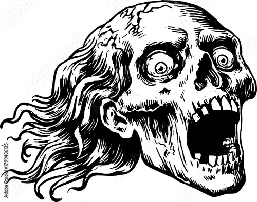 Skull illustration in vintage engraving style. Black and white detailed vector artwork showcasing haunting features with an unsettling expression.