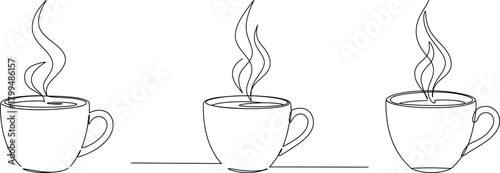 Minimal One-Line Coffee Cups with Rising Steam Clipart Set