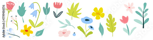 abstract colorful background, Flower crayon watercolor spring floral set. Hand drawn pastel crayon flower, leaf, plant with chalk texture. Cute nature background for kid, child, garden doodle element 