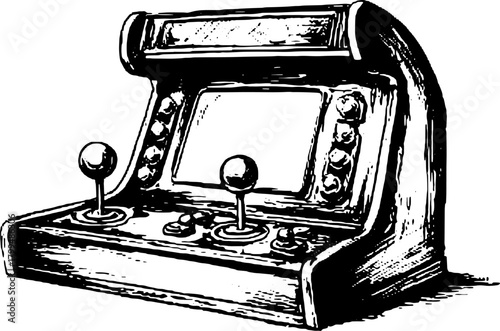 Arcade machine illustrated in vintage engraving style. This vector artwork showcases a classic gaming console set in its retro design elements.