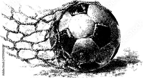 Soccer ball in motion hitting the net. Engraving style vector illustration highlighting the detail of the sport.